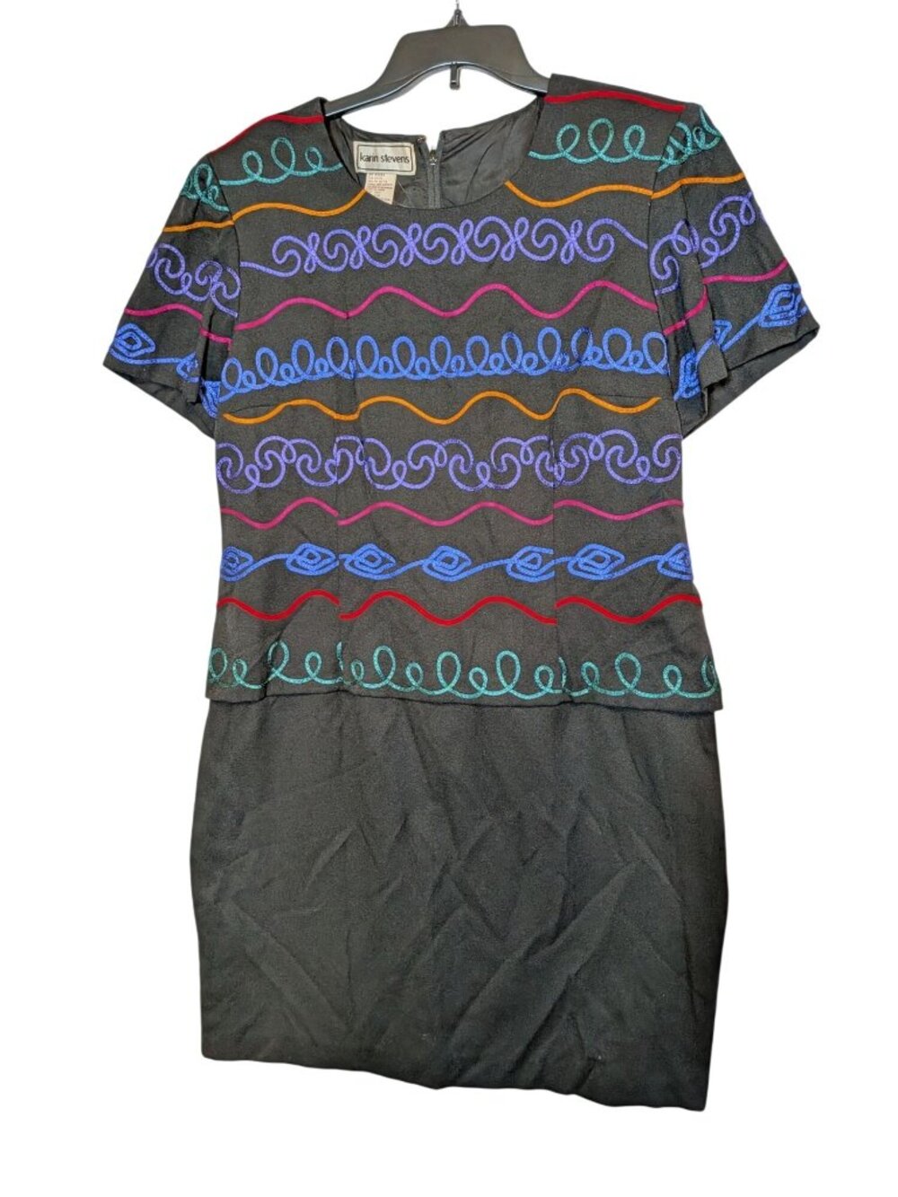 Karin Stevens Vintage 1980s Black Dress With Colorful Embroidery Short Sleeve Wo